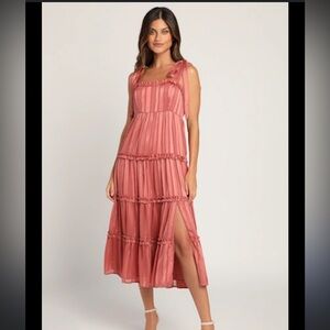 Lulu's Mauve Sparkle Tiered Tie Midi Mauve Pink Dress xs extra small
